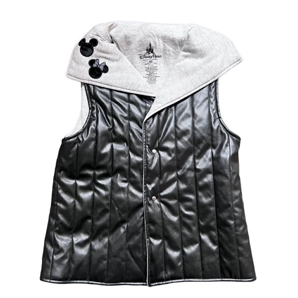 Disney Parks Faux Leather Minnie Embroidered Vest LOVE Sequins Black Grey XS